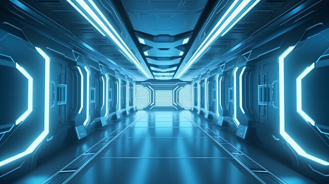 A glimpse of the future in 3D: spaceship interior with neon lights, space station corridor.