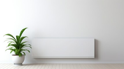 Minimalistic, sleek radiator against a white wall in a contemporary home. Polished metal, sharp edges, clean lines, and sharp focus highlight the design