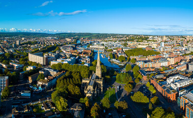 Aerial view of central Bristol in sunny morning, England
