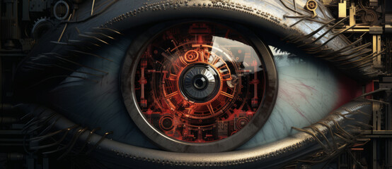 Robotic blue eye,realistic close up view, panorama. A futuristic glowing eye that has undergone a complex scanning process.