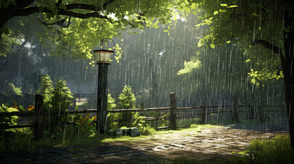 Relish the tranquil atmosphere as a balmy spring/summer downpour graces the sunlight.