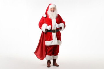 A warm and kind hearted father dons a Santa Claus suit, and his smile radiates in front of a pure white backdrop. Generative AI.