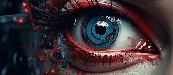 Robotic blue eye,realistic close up view, panorama. A futuristic glowing eye that has undergone a complex scanning process.