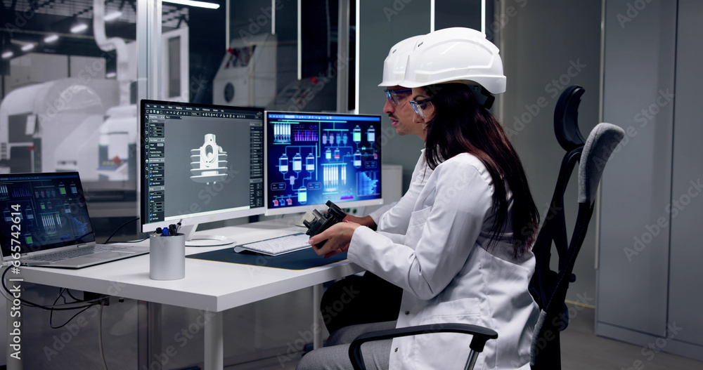 Poster engineer doing 3d cad model design on computer