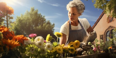 middle aged woman gardening on bright sunny day