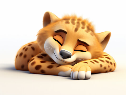 A 3D Cartoon Cheetah Sleeping Peacefully on a Solid Background