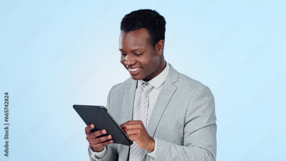 Poster happy black man, tablet and research for communication, social media or networking against a studio 