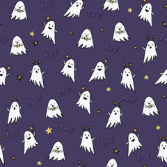 Halloween ghosts vector seamless pattern.