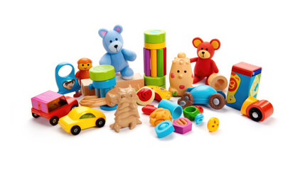 Vibrant and playful colorful toys on a clean white canvas, sparking joy and imagination in children