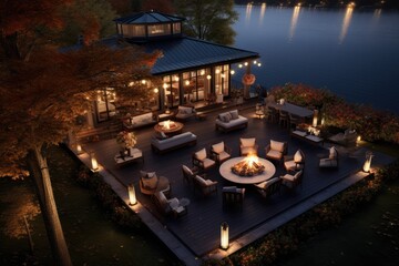 Serene Waterfront Oasis: Twilight Ambiance with Lavish Home Deck, Central Firepit, Comfortable Seating, Overlooking Calm Lake Reflections