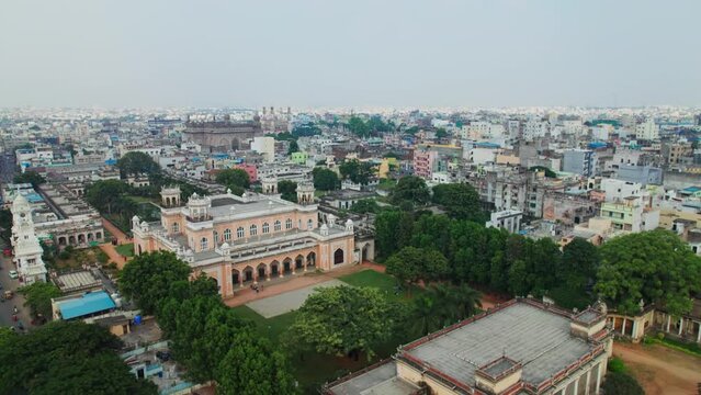 aerial drone view of Chowmahalla Palace in hyderabad, telangana with mecca masjid and charminar in the background