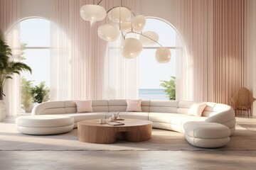 Fototapeta na wymiar Dusty Pink Arched Living Space with Panoramic Windows, Curved White Sofas, Multiple Spherical Pendant Lights, and Soft Drapes