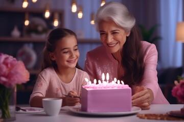 grandmother with her nephew girl celebrate happy birthday cake greeting happiness party together in living room at home