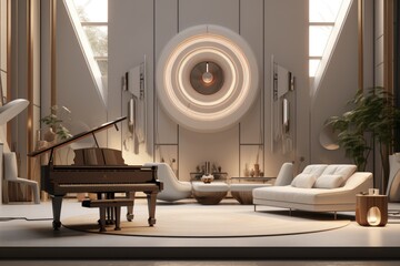 Symphony-Inspired Living Area Featuring Grand Piano, Majestic Circular Wall Art, Vertical Windows, and Neutral Toned Furnishings