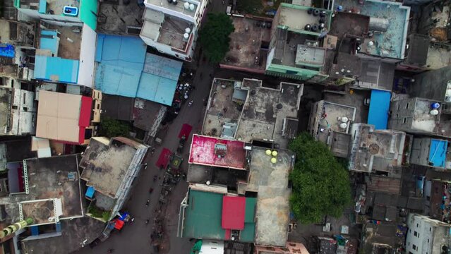 hyderabad old city buildings and narrow roads aerial top down drone shot