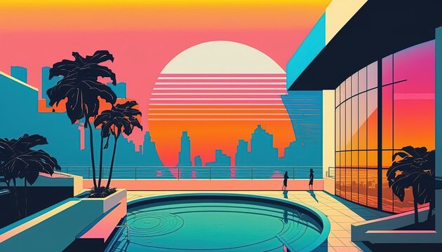 City pop beach evening pop art, Vivid color, Sunset. Generative AI illustrations