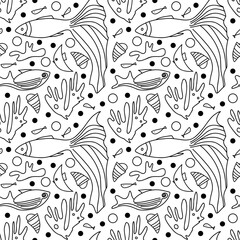 Vector doodle seamless pattern  underwater life with fish, seashell, seaweed. Texture for wrapping paper, fabrics, decor, banners, coloring book, cover.