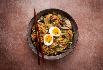 buckwheat noodles, soba, with shimeji mushrooms, boiled egg, green onion, sesame seeds, homemade,...