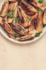 baked, oven-baked fennel, with spices, in olive oil, homemade, no people,