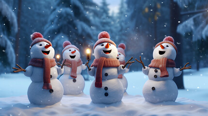 Glowing Lanterns Amidst Playful Snowmen, generative ai