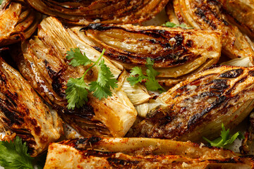 baked, oven-baked fennel, with spices, in olive oil, homemade, no people,