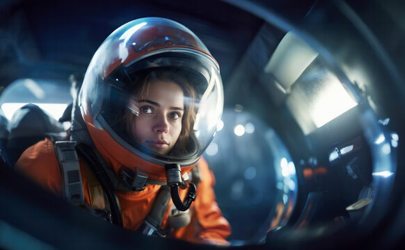 Young female astronaut in an orange spacesuit sitting lost in thoughts in a spacecraft cockpit