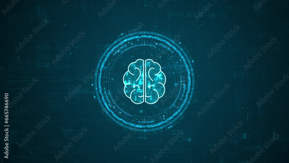 Poster motion graphic of blue digital robot brain logo and circle futuristic hud elements with flowing arro