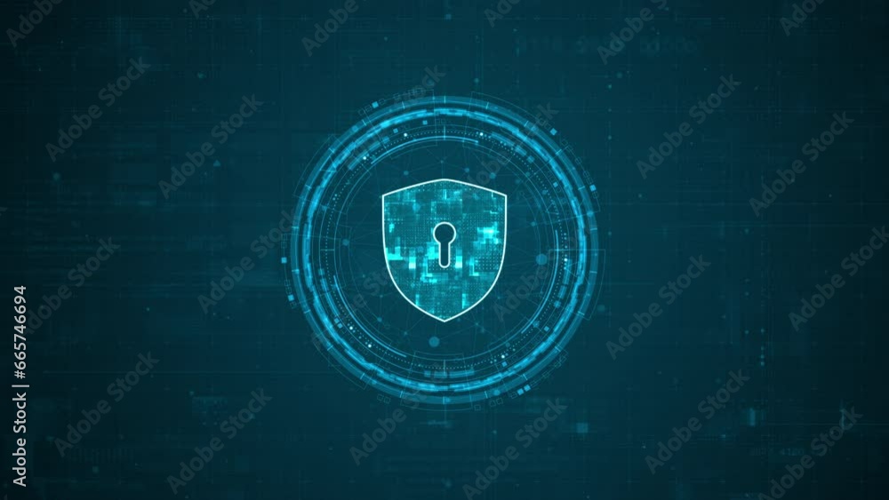 Poster motion graphic of blue digital security shield logo and circle futuristic hud elements with flowing 