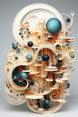 A sculpture made out of paper with blue and orange balls. AI image.