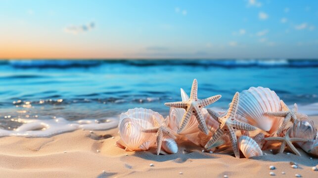 captivating image of vibrant starfish and delicate seashells laid on the pristine sands of a tranquil tropical beach, embodying the serene and magical spirit of the ocean. Ai generated
