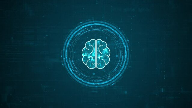 Motion graphic of Blue digital robot brain logo and circle futuristic HUD elements with flowing arrows with Ai chatbot and machine learning technology and ai assistance concepts on abstract background