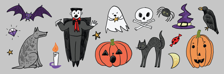 Halloween vampire, bat, pumpkin, ghost, wolf, cat vector illustrations set.