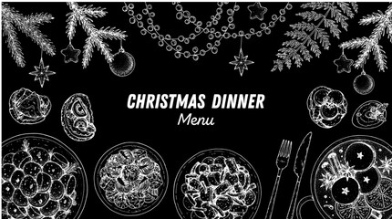 Christmas food. Christmas dinner. Holiday menu. Food design template. Food and drink set. Hand drawn sketch, menu design template.