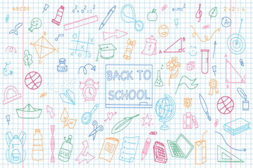 Background of school icons in doodle style. School education. Back to school doodle drawing. Vector 