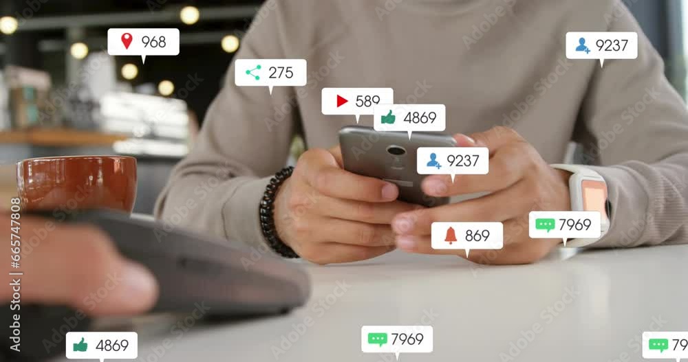 Poster animation of notification bars over caucasian man making contactless payment using smartwatch
