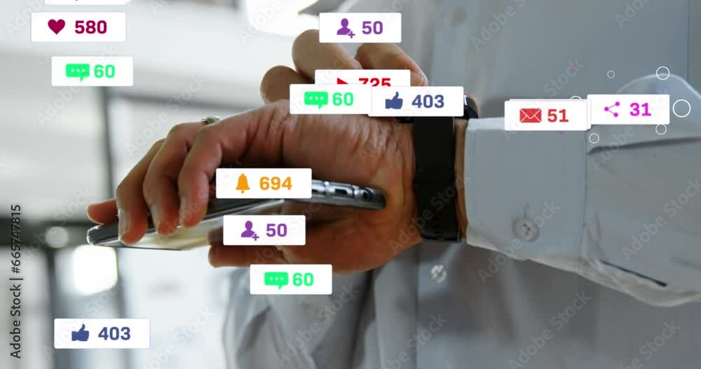 Poster animation of notification bars over caucasian man using smartphone and scrolling on smartwatch