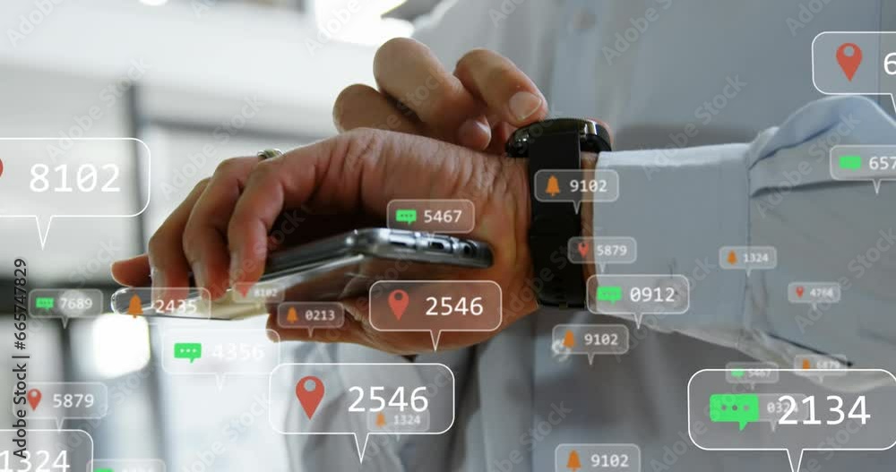 Poster animation of notification bars over caucasian man using smartphone and scrolling on smartwatch