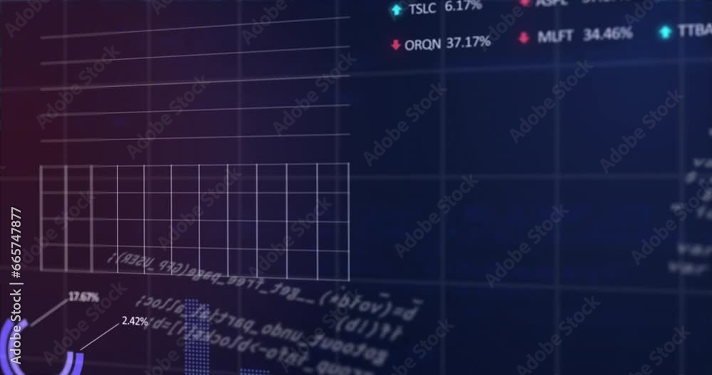 Poster animation of graphs, trading boards, loading circles and computer language over black background