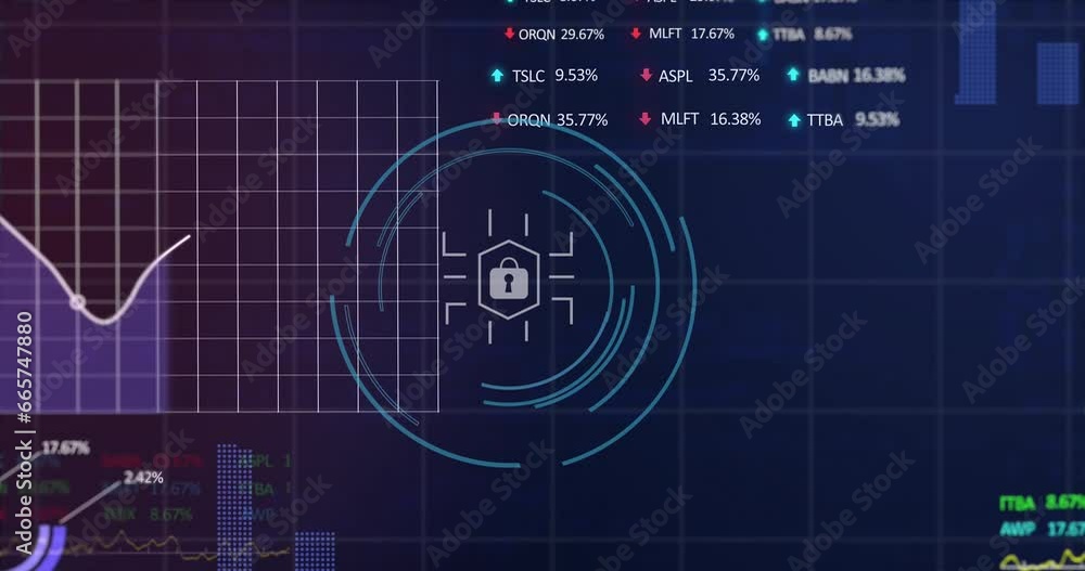 Poster animation of padlock in hexagon, graphs, trading boards and computer language over black background