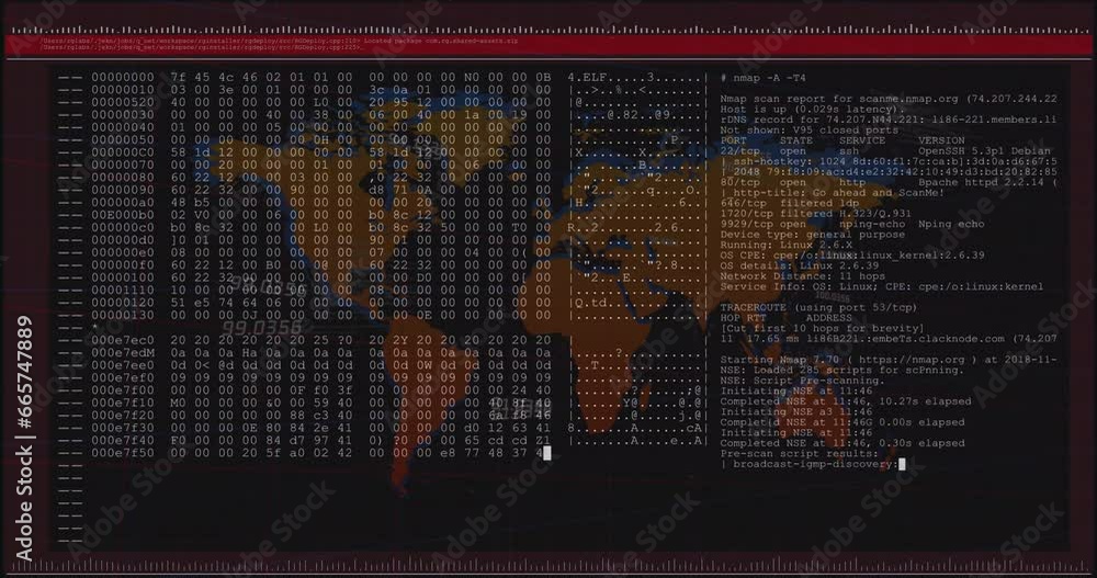 Poster animation of numbers and computer language in terminal interface over map against black background