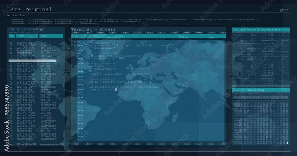 Poster animation of computer language in terminal interface and map over black background