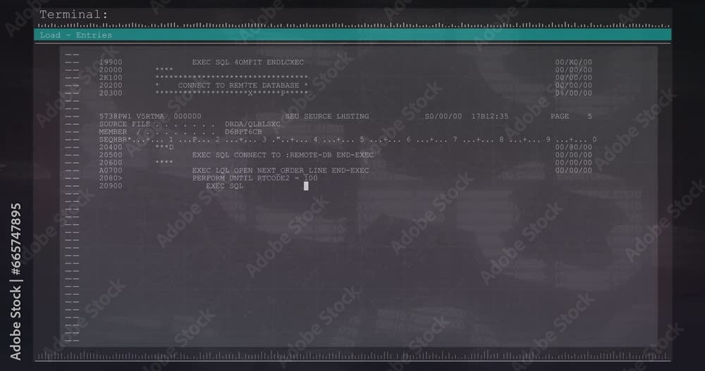 Poster animation of computer language in terminal interface and blockchain over black background