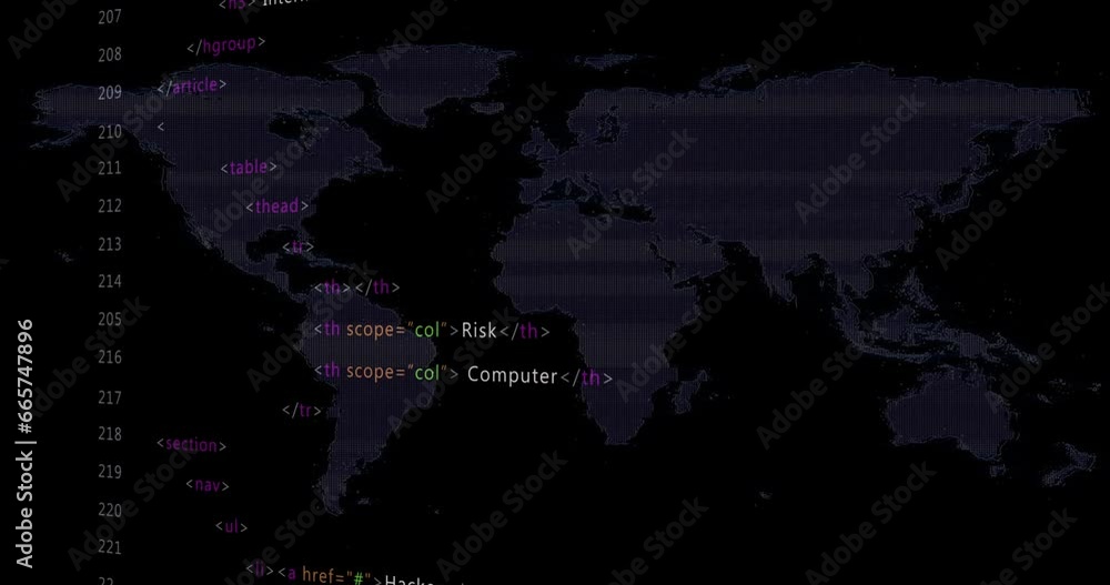 Poster animation of multicolored computer language and map over black background