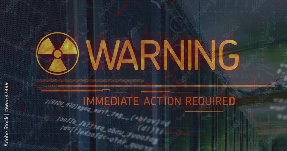 Poster animation of radioactive warning symbol, text and computer language over data server room