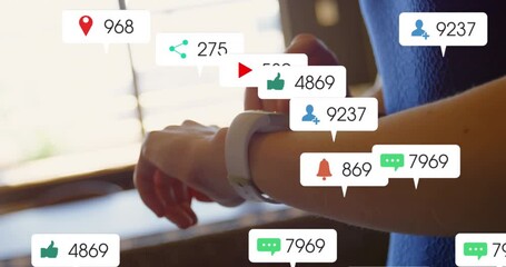 Animation of notification bars, midsection of caucasian woman holding cellphone and using smartwatch