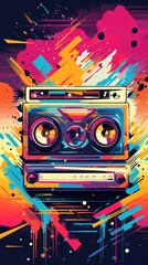An old school boombox with colorful paint splatters. Vibrant pop art image.