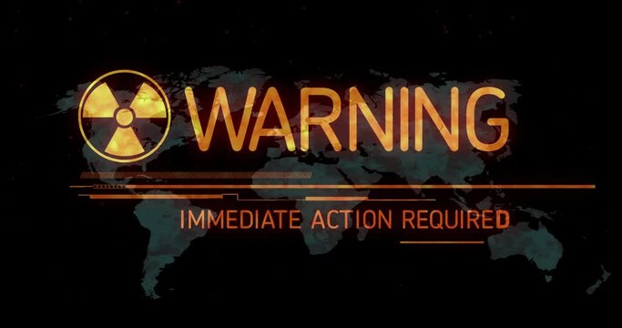 Animation radiation warning symbol, warning immediate action required text over map