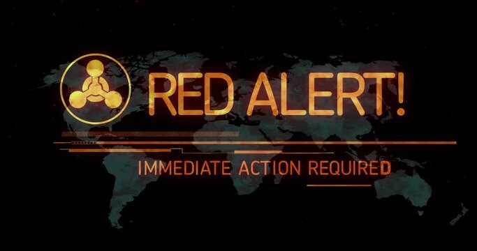 Animation of abstract warning symbol, red alert immediate action required text over map