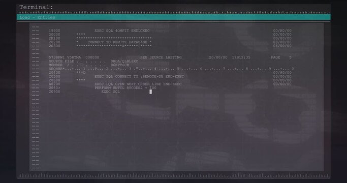 Animation of computer language in terminal interface and blockchain over black background