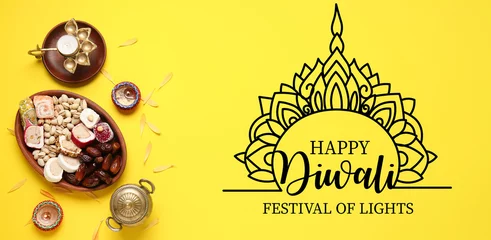 Fotobehang Greeting card for Happy Diwali (Festival of lights) with sweet treats, candles and lamp © Pixel-Shot